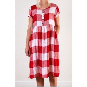 Pyne & Smith Women’s XS Dress Red White Checked 100% Linen Boho Country Cottage